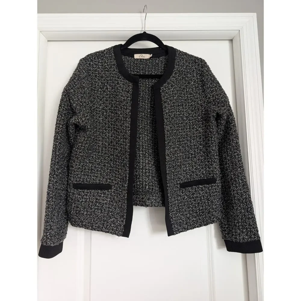 Elodie Womens Black Grey‎ Metallic Tweed Open Front Cropped Jacket Size L